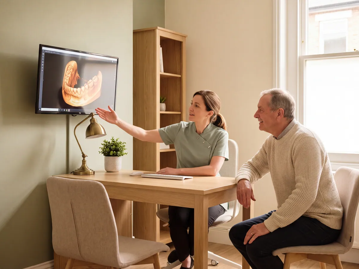 A dentist and patient reviewing a 3D scan together on a monitor