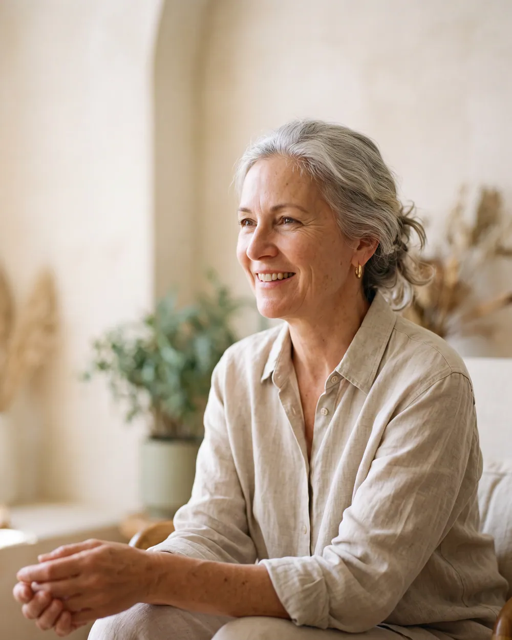 A woman in her sixties smiling comfortably in natural daylight