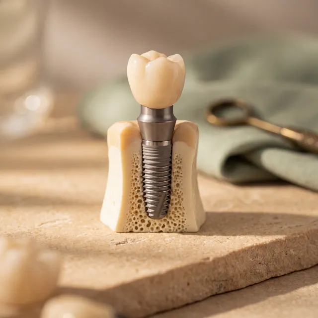 Close view of a dental implant model showing the post, abutment and crown
