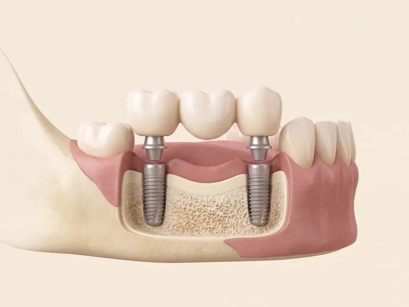 Illustration of two implants supporting a three-unit bridge replacing several missing teeth